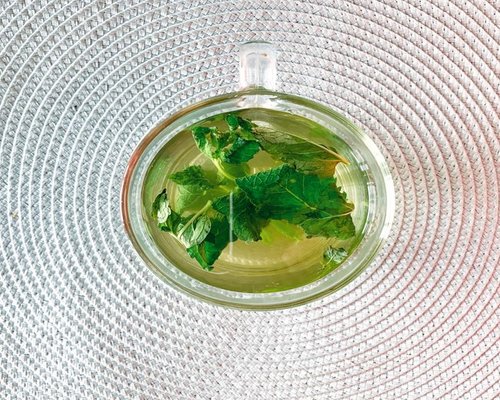 Lush green mint leaves swirling elegantly inside a clear glass mug of hot water